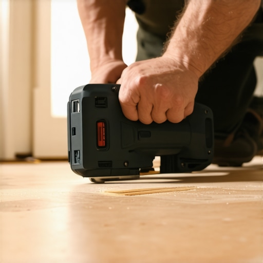 Precision Tools for Home Maintenance Homeowner carefully using a cordless multi-tool on baseboard during maintenance.