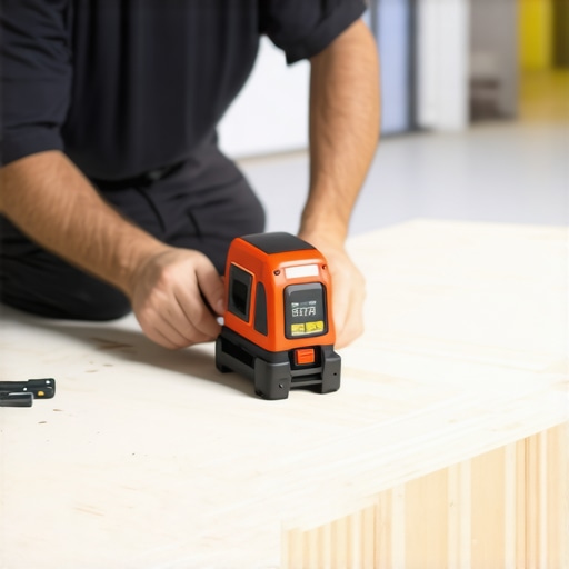 Homeowner using a laser level to align baseboards and flooring for perfect installation.