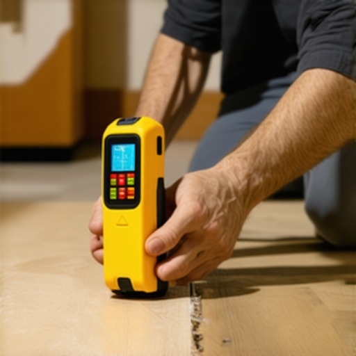 Precision Tools for Home Renovation Person measuring a room with a laser distance tool during flooring project