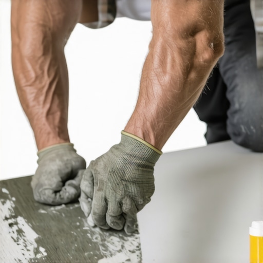 Precision in Tile Mortar Application A contractor carefully spreads tile adhesive evenly to avoid uneven surfaces and cracks