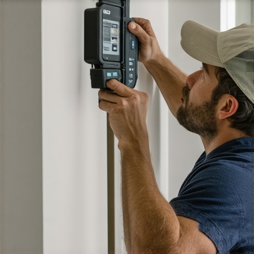 Precision tool for perfect baseboard installation Person measuring wall angles with a digital angle finder during baseboard installation