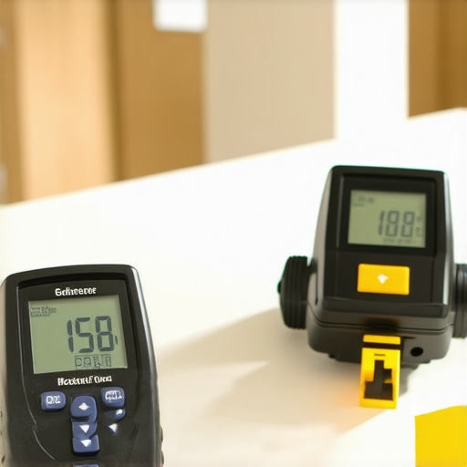 Precision tools for bathroom maintenance A digital moisture meter and a laser level being used during bathroom renovation