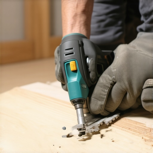Professional Home Maintenance Tools A handyman using a Fein MultiMaster oscillating tool on baseboard in a well-lit workshop.