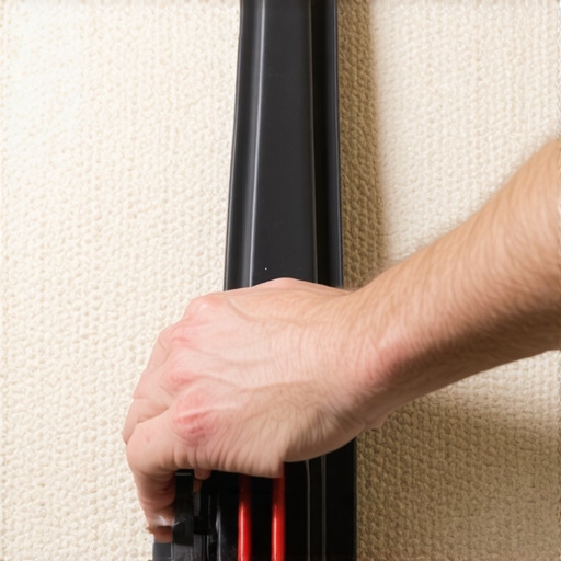 A person using a power stretcher to stretch carpet tightly during installation.