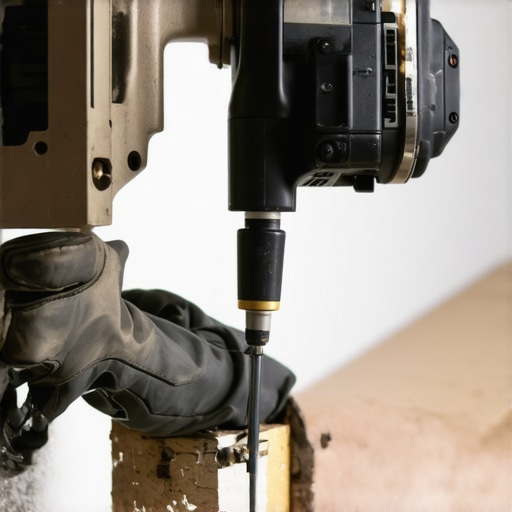 A craftsman installing baseboards using pilot holes and a nail gun to avoid splits.