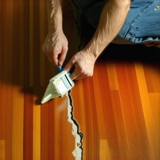 Person applying crack filler to hardwood floor
