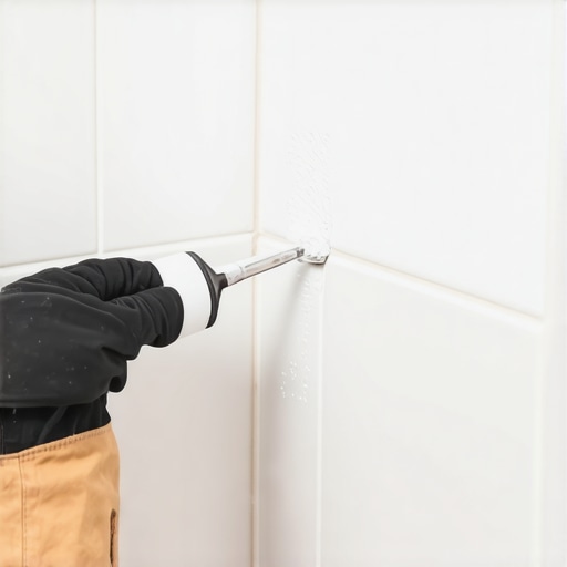 Person applying silicone sealant to bathroom tile corner