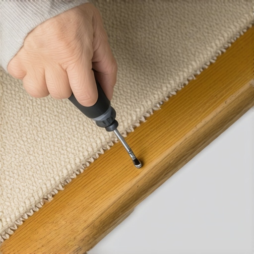 Person tightening screws under a stair tread to fix squeaking