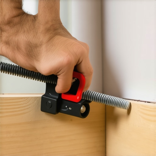 Carpenter adjusting a spring clamp on outside corner of baseboard for tight fit during installation