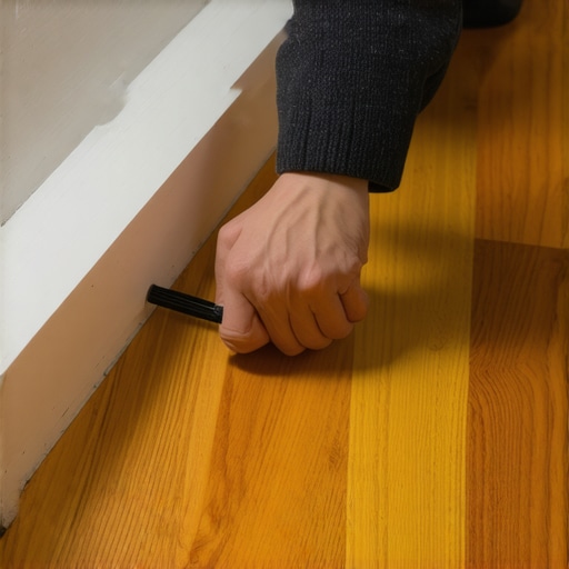 A handyman inserting a shim behind a baseboard to prevent squeaking between hardwood flooring and wall