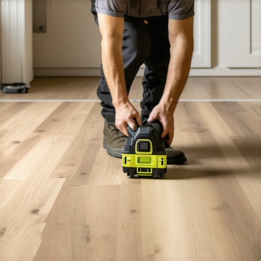 Tools for Flawless Flooring and Shower Maintenance Home renovation tools: laser level and multi-tool in use during flooring installation.
