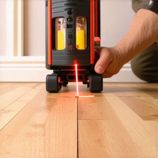 Using a Laser Level for Precise Flooring Installation Person holding a laser level during home flooring project, ensuring perfect alignment.
