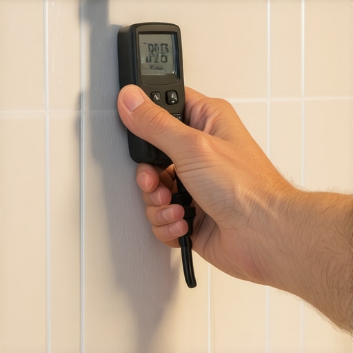 Using a Moisture Meter for Home Maintenance Homeowner checking moisture levels behind bathroom tiles with a digital moisture meter