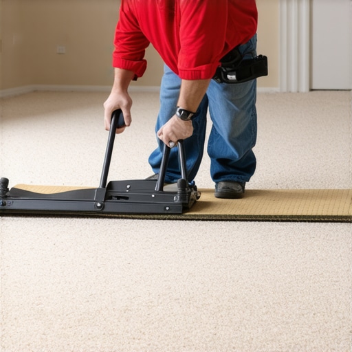 Professional installer stretching carpet with power stretcher to achieve tight fit.