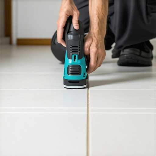 Using an oscillating multi-tool for flooring maintenance Person carefully trimming grout with a high-quality oscillating tool.