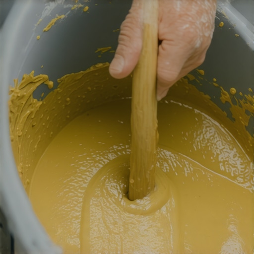 Achieving the Perfect Grout Consistency A close-up of properly mixed tile grout in a bucket with a creamy texture.