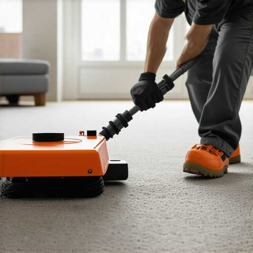 Close-up of a professional carpet power stretcher being used to achieve perfect tension on a residential carpet installation.