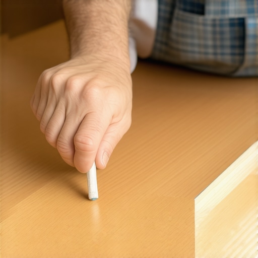 Close-up of pressure-sensitive adhesive being applied to the nose of a wooden stair for carpet installation.