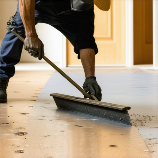 Applying Feather Edge Floor Leveler Contractor using a trowel to apply feather edge floor leveler on a subfloor transition.