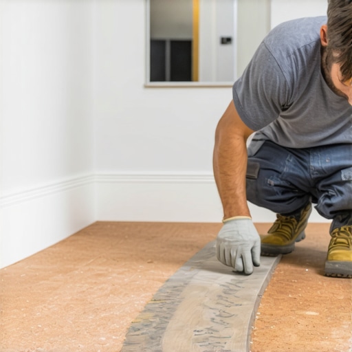 Carpenter applying flexible polymer glue to the back of a kerf-cut baseboard for a curved wall installation.