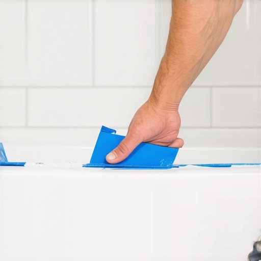 Close-up of blue tape being removed from a fresh silicone seal in a shower