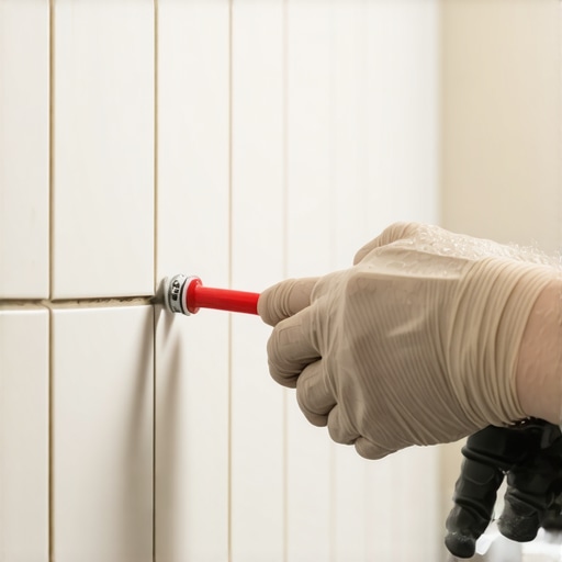Professional installer applying flexible silicone to a shower corner joint to prevent grout cracking.