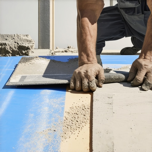 Close-up of thinset application over radiant heating and uncoupling membrane