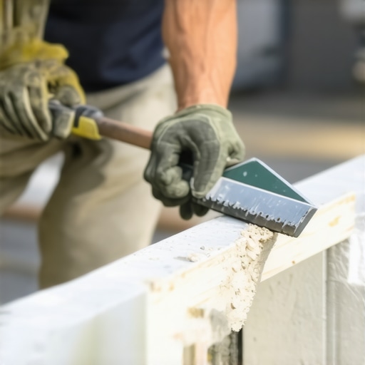 Close-up of a contractor ensuring full mortar coverage on a shower curb to prevent water wicking.
