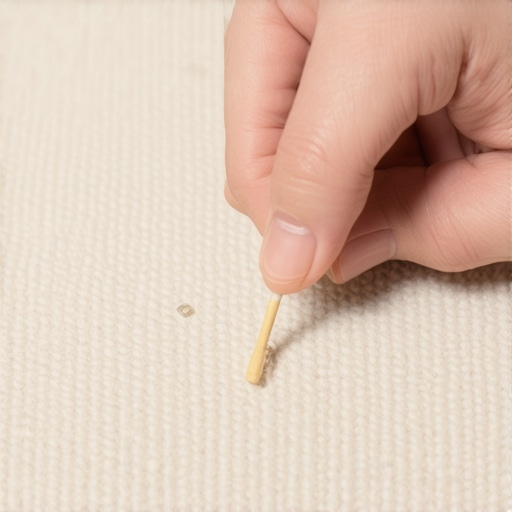 Applying adhesive to a carpet snag A detailed view of a carpet repair process using clear glue and a toothpick on a loop pile carpet.