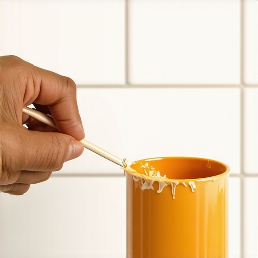 Close-up of a DIY tile repair using a toothpick and color-matched filler.