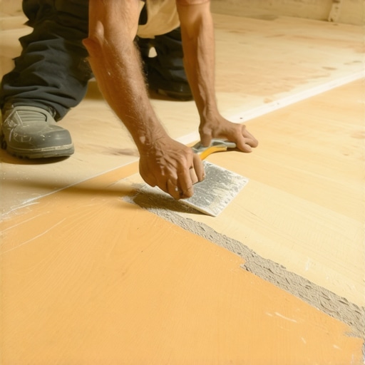 Contractor leveling a subfloor transition to create an accessible, low-profile path.
