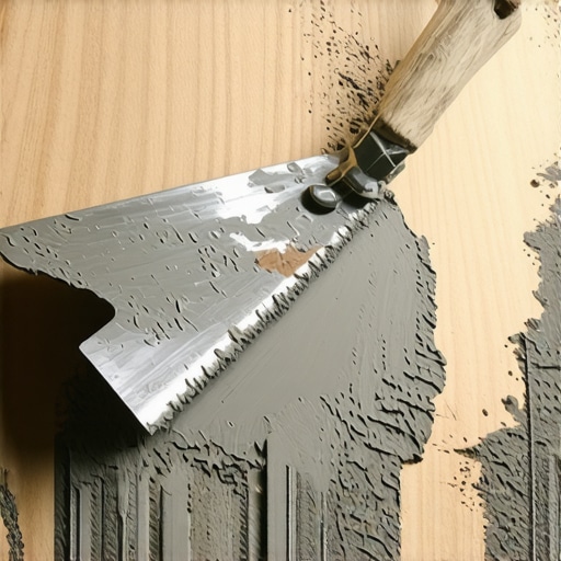 Applying feather edge patch to subfloor A professional using a trowel to apply a feather-edge patch to a plywood subfloor seam.