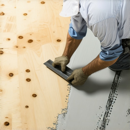 Close-up of a trowel smoothing floor patch on a plywood subfloor to eliminate height differences.