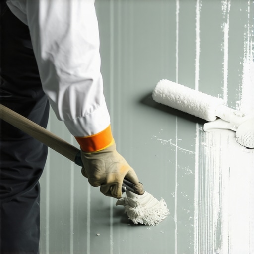Close-up of a worker rolling acrylic primer onto a porous concrete subfloor to prepare for flooring installation.
