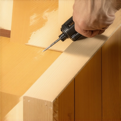 Applying glue-assist adhesive to wide hardwood planks Close-up of serpentine adhesive bead application on wide oak flooring