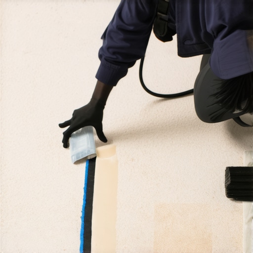 Applying liquid carpet seam sealer A close-up of a professional installer sealing carpet edges with specialized adhesive.