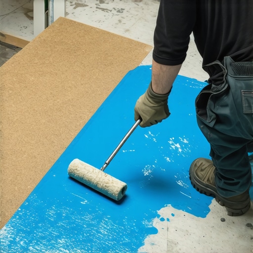 Applying liquid waterproofing membrane to shower pan Contractor sealing a shower pan with a blue waterproof liquid membrane before tiling.