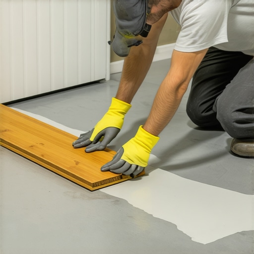 Applying moisture-cured adhesive to a transition strip Contractor applying high-grade adhesive to a hardwood transition to prevent it from popping off concrete