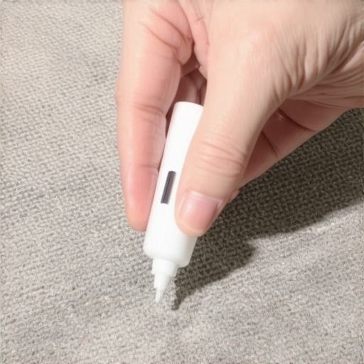 Applying precision carpet seam sealer to a snag Close-up of professional carpet repair using adhesive sealer
