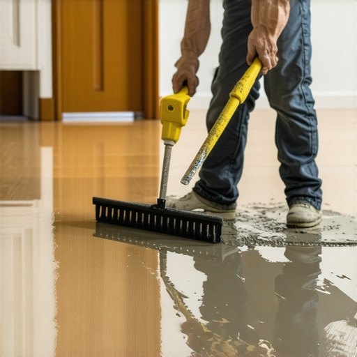 Applying self-leveling compound to a subfloor A worker spreading liquid self-leveling compound on a wooden floor to prepare for vinyl installation.