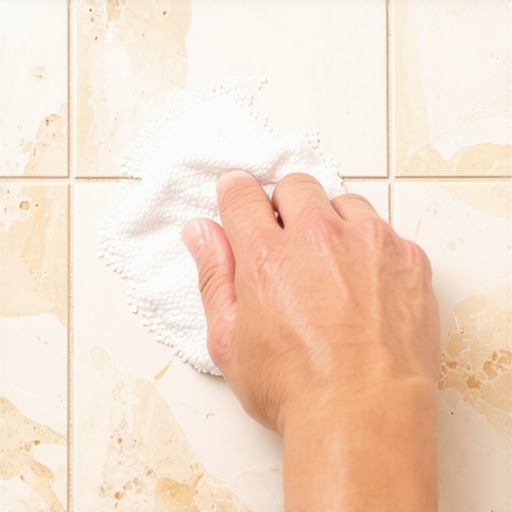 Close up of hand applying sealer to travertine stone tile in a shower