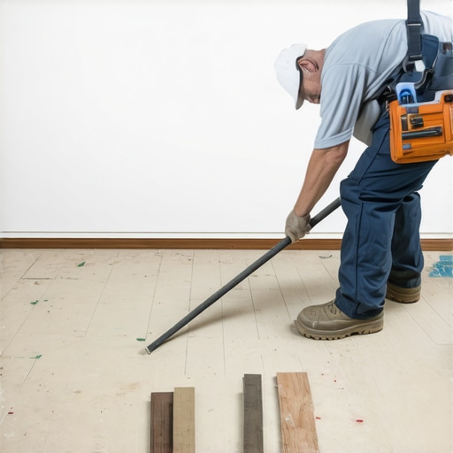 Checking Floor Flatness for Baseboards Professional contractor measuring subfloor flatness to ensure a gap-free baseboard installation.