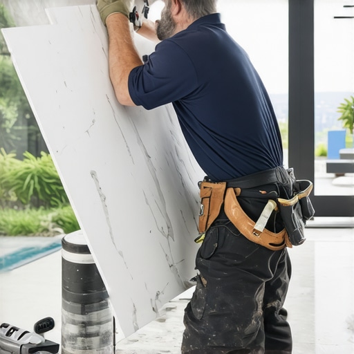 A close-up of 95% mortar coverage on the back of a large porcelain tile during installation.