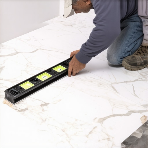 A professional checking the inward pitch of a shower curb with a level to prevent water leaks.
