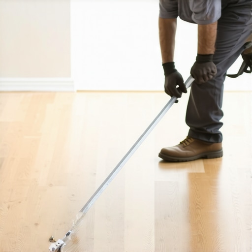 Checking Subfloor Flatness for Wide Plank Hardwood Professional flooring installer using a straight edge to find subfloor dips before applying glue-assist.
