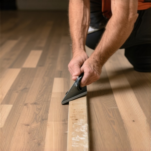A professional installer measures subfloor flatness to ensure a perfect flooring installation.