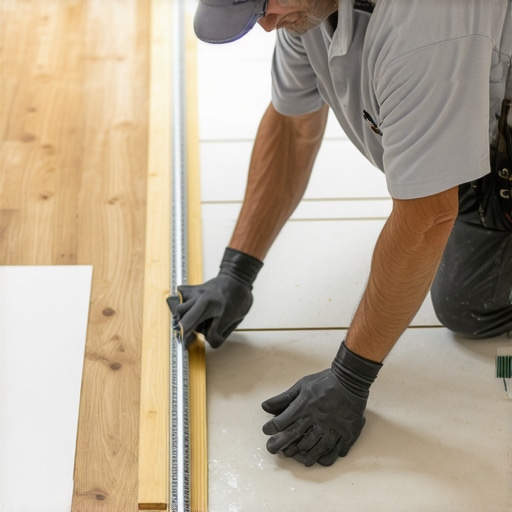 Checking Subfloor Flatness with String Line A close up of a contractor measuring the gap between a straightedge and a subfloor to ensure it meets flatness standards.