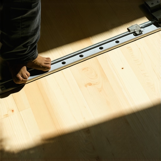 A professional using a long level to identify dips and peaks in a wood subfloor before installing vinyl planks.