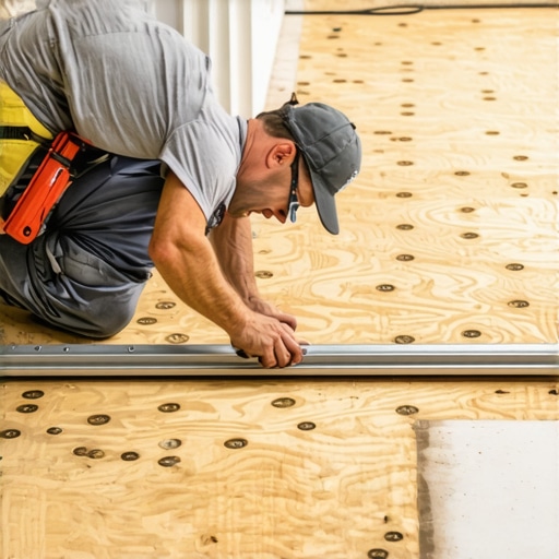 Checking Subfloor Flatness with a Straightedge A contractor measuring floor flatness to avoid installation gaps and squeaks.