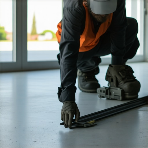 A contractor using a straightedge to identify high spots on a subfloor before installing vinyl planks.